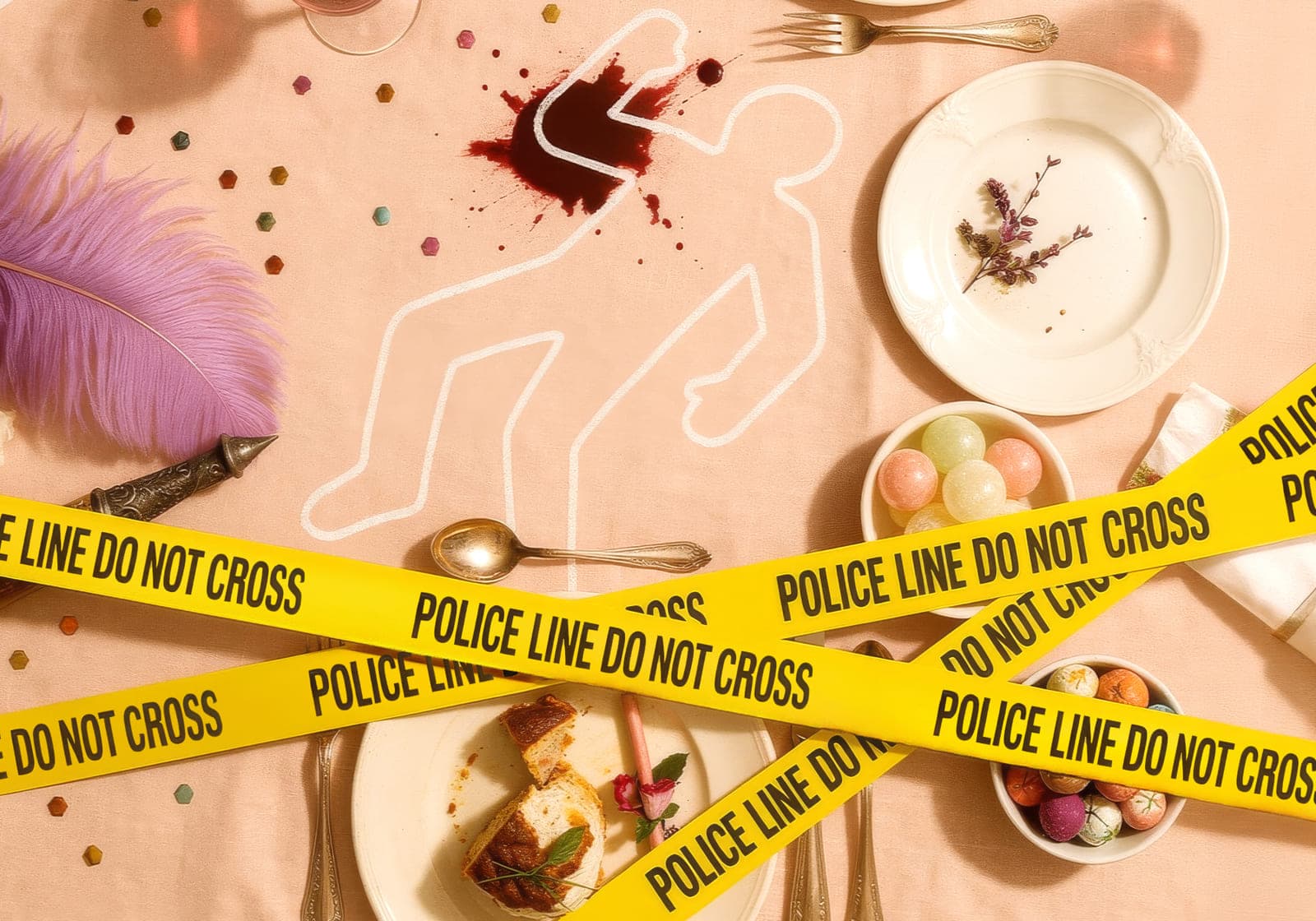 Laid table with a chalk outline and police tape