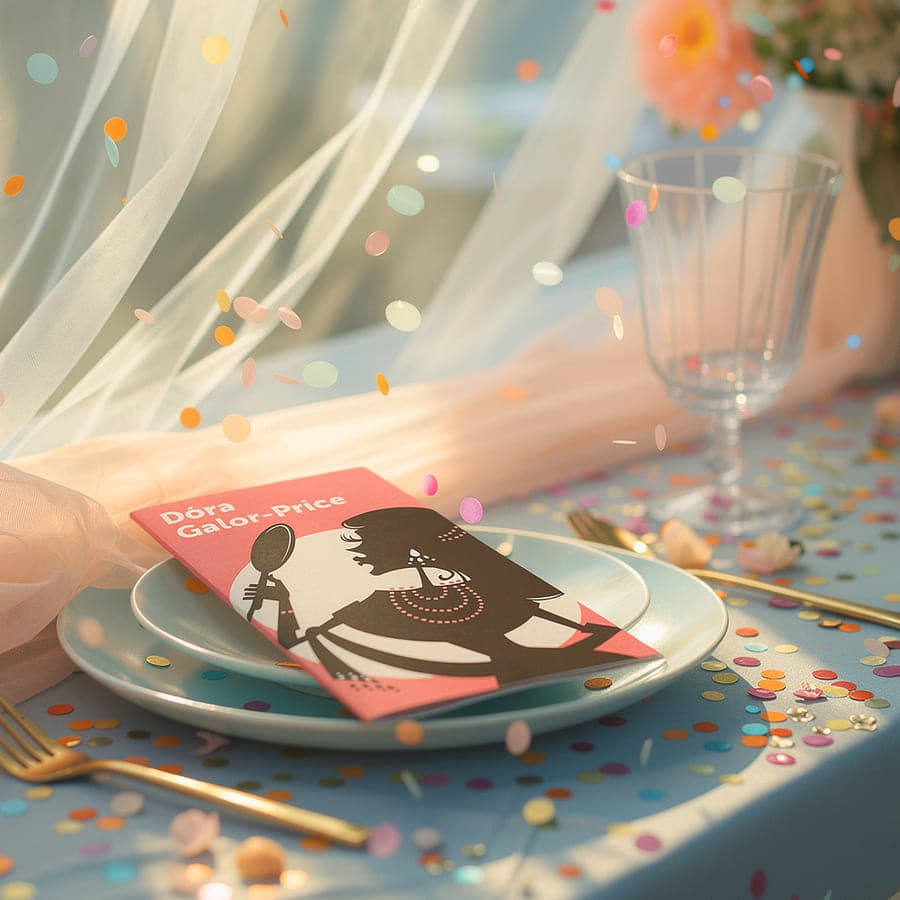Character booklet on a festively laid table with confetti