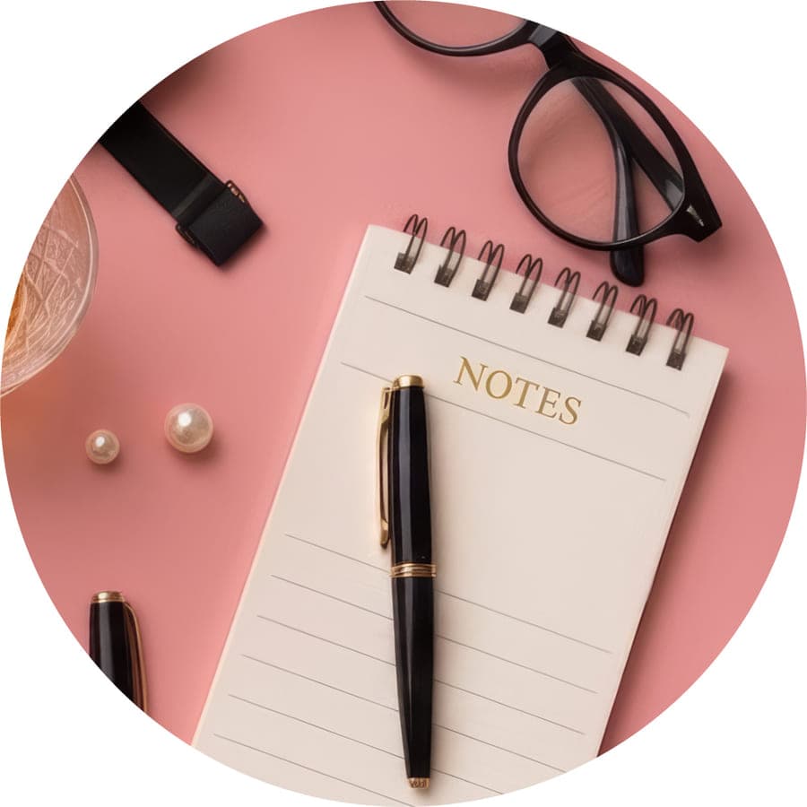 Notepad, pen and glasses for planning a murder mystery