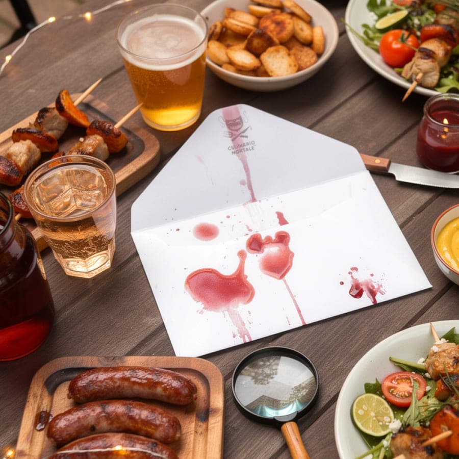 Garden table with grilled skewers, beer and a blood-stained envelope
