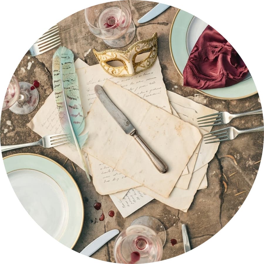 Aged letters, a golden mask and a knife on a rustic table