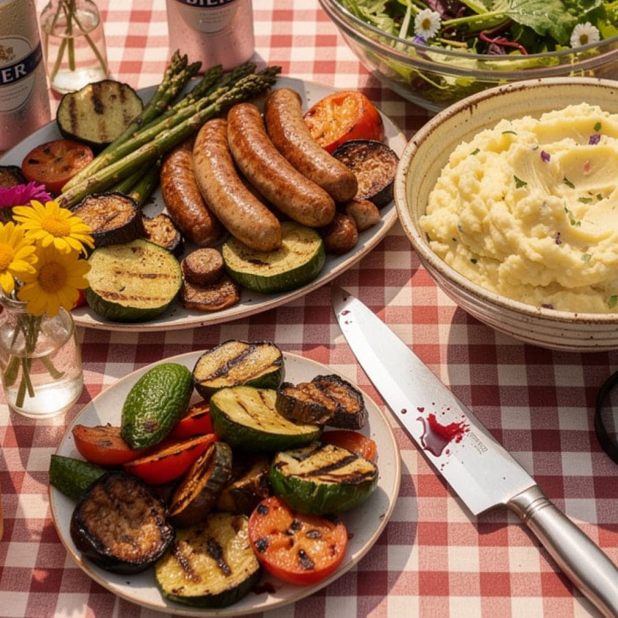 Platter of grilled sausages, vegetables and potato salad