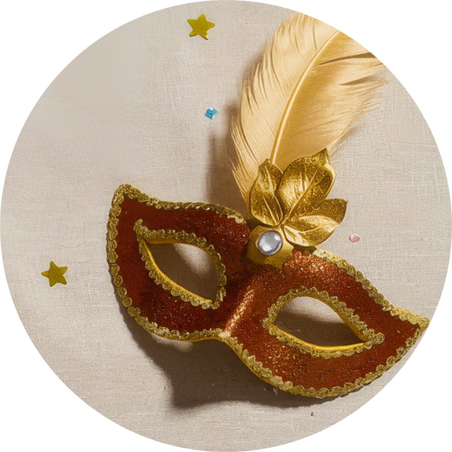 Red and gold masquerade mask with a feather