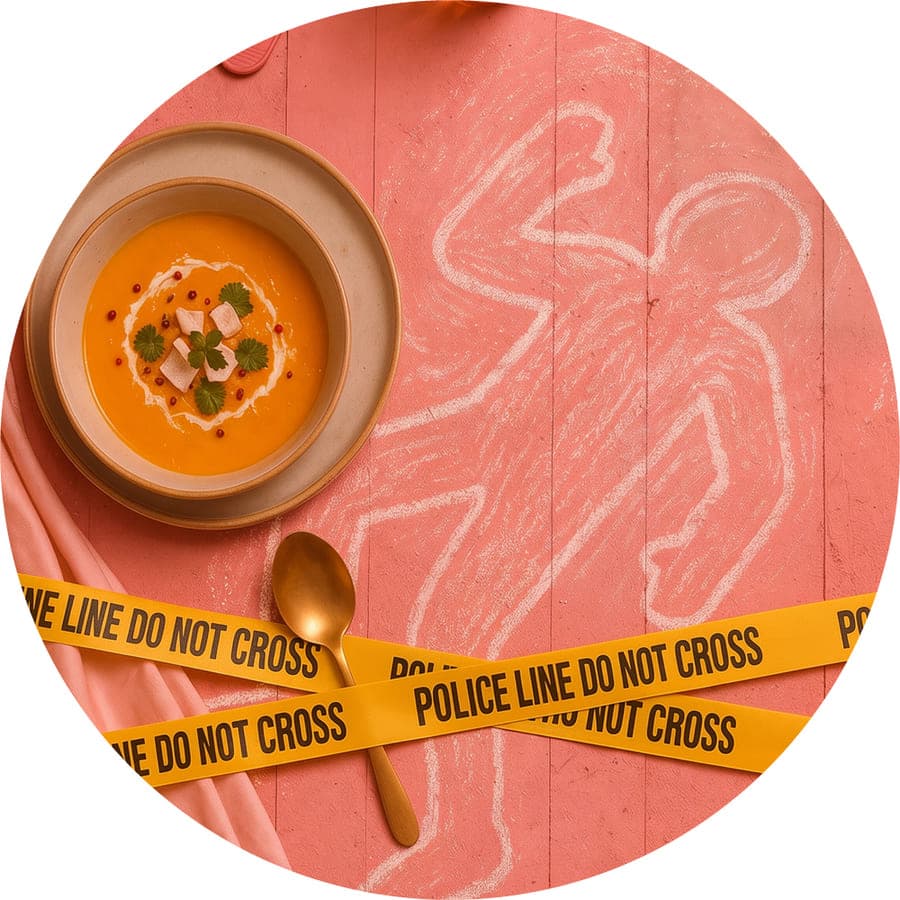 Bowl of soup beside a chalk outline and police tape