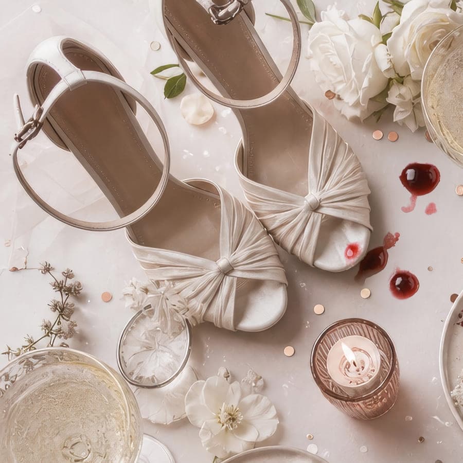 Bridal shoes, white roses and spilled wine