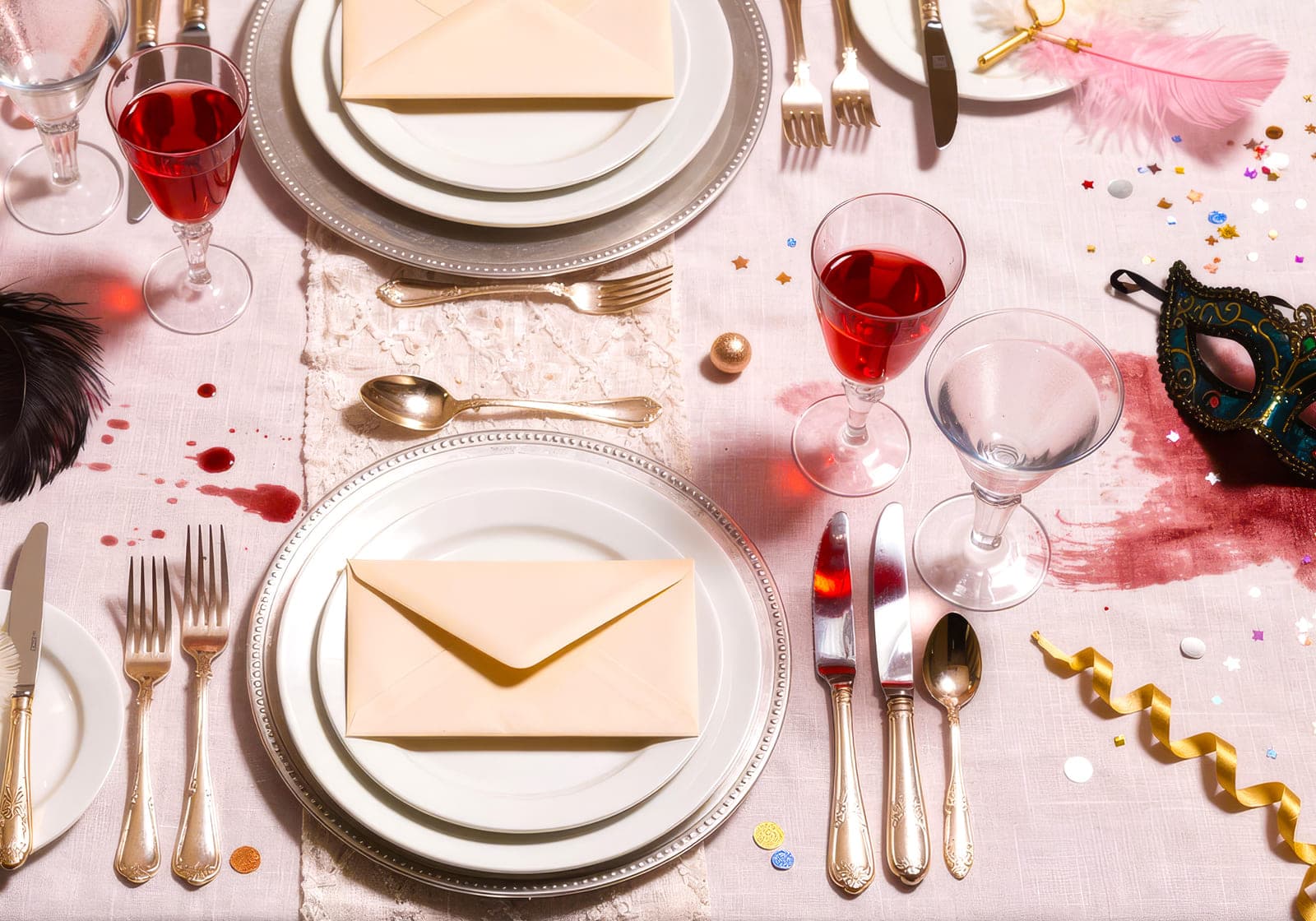Table setting with role envelopes, a mask and blood spatter